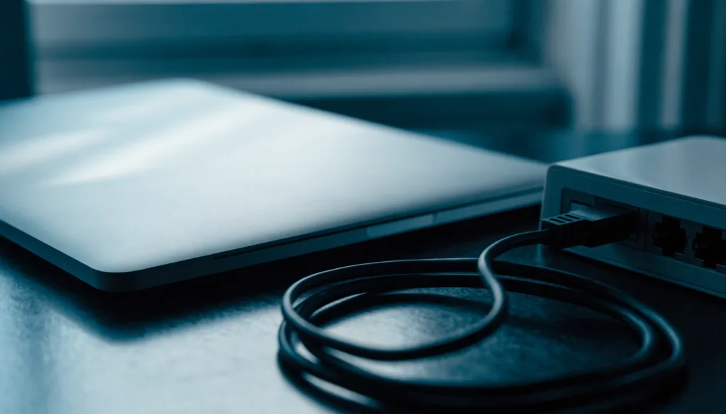 A laptop closed on a desk beside a router and a coiled ethernet cable, cool evening light