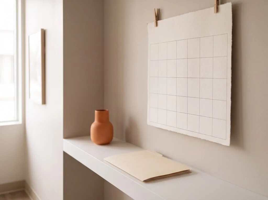 A blank paper wall calendar hanging above a closed manila patient chart on a clinic shelf