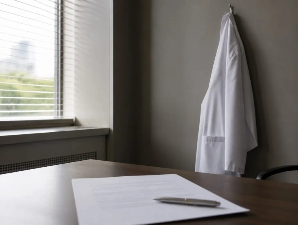 Physician's white coat hanging beside an unsigned medical director contract