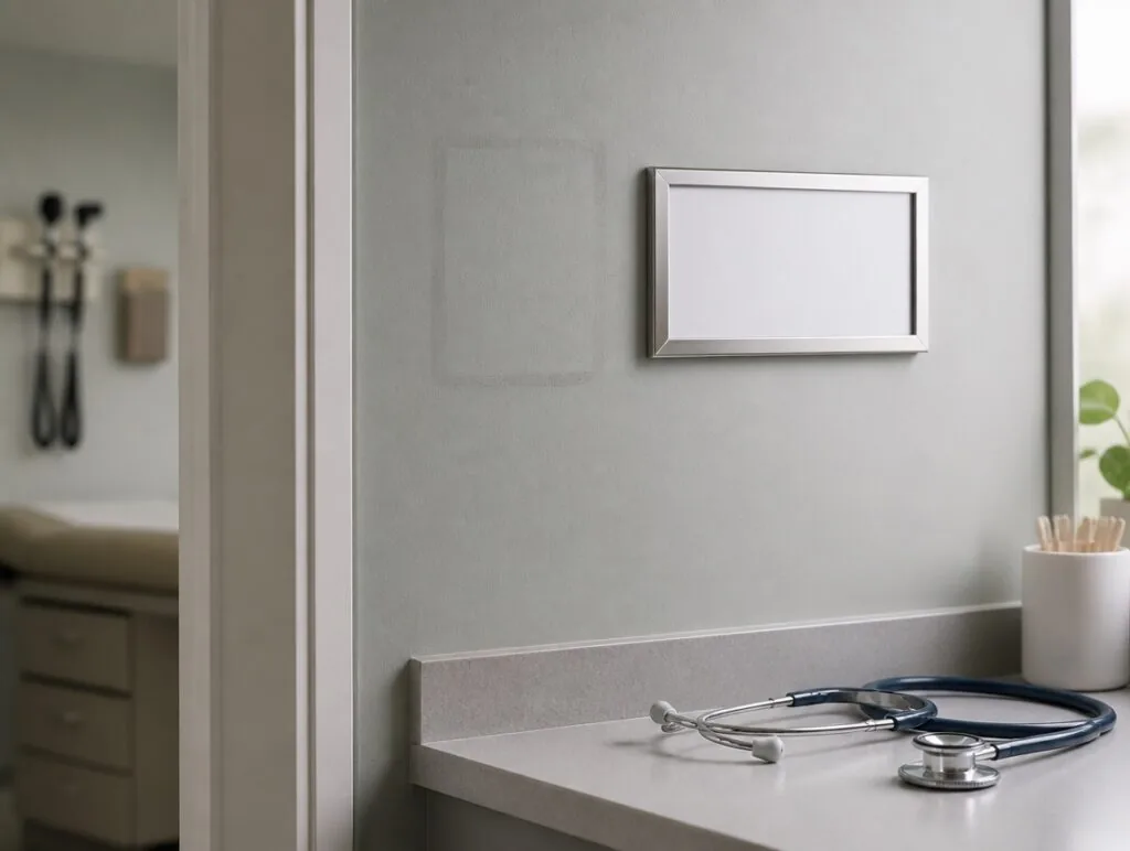 Empty framed name holder on a treatment room wall with a stethoscope below