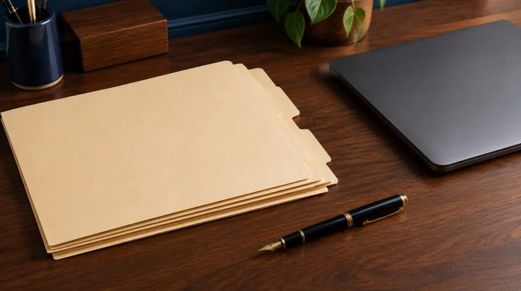 Stack of blank manila folders and fountain pen on walnut desk beside closed laptop, navy and warm wood