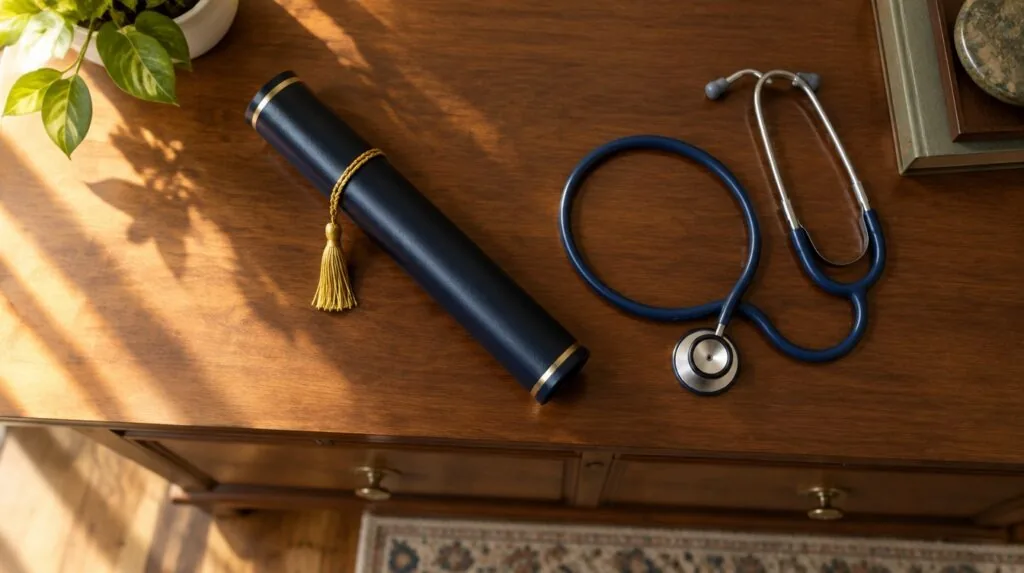 A diploma tube and a stethoscope on a credenza