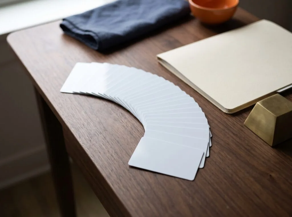 A fan of identical blank white key-cards on a desk beside a closed folder