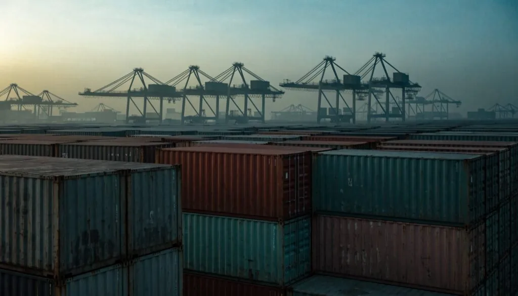 Rows of stacked intermodal shipping containers and gantry cranes in dawn haze