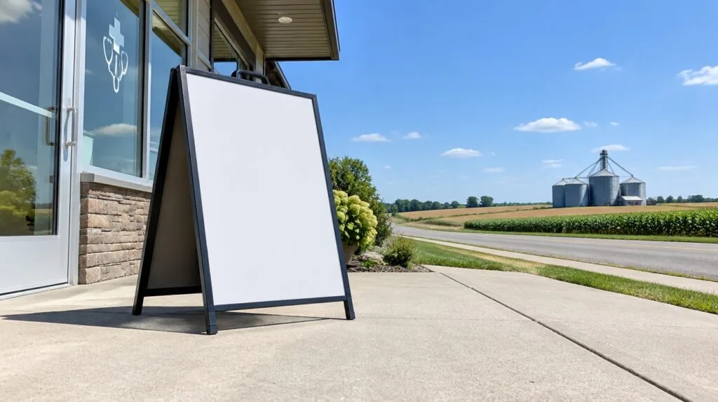 A blank sandwich-board sign on a sidewalk outside a storefront clinic