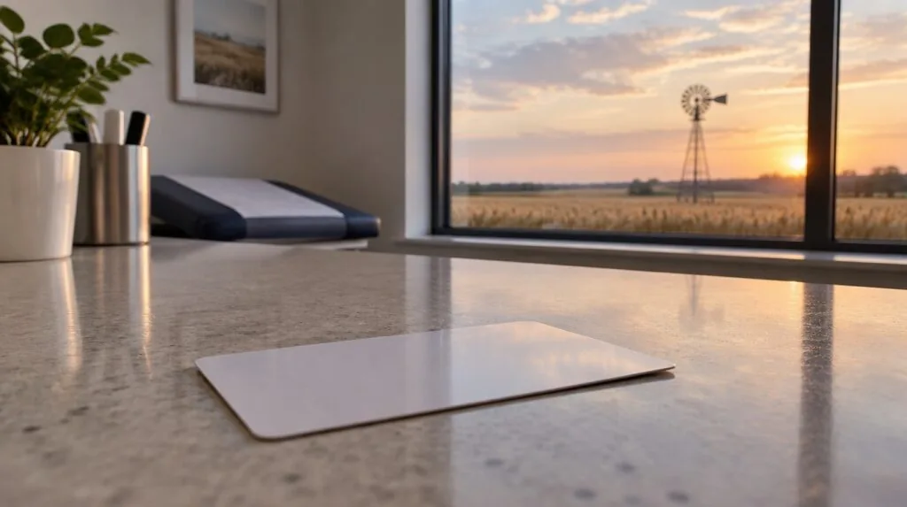 A blank license card being slid across a counter with no hands visible