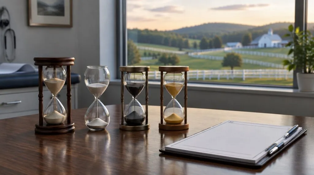 Four hourglasses in a row beside a prescription pad