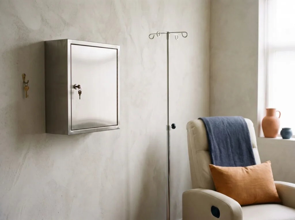 Locked steel medication cabinet on a clinic wall beside an infusion pole and an empty recliner