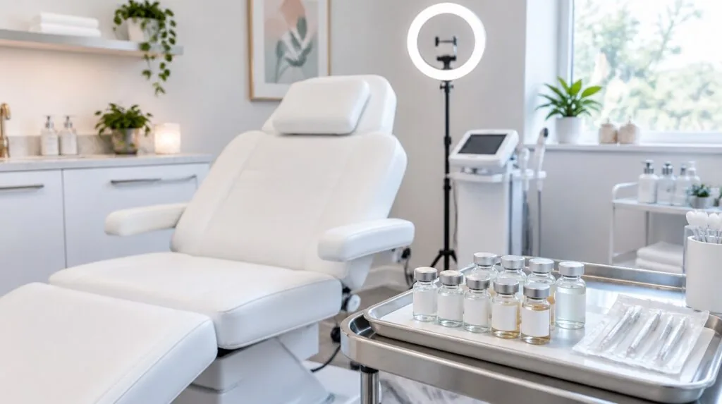 Modern med spa treatment room, white chair, ring light, tray of sealed skincare vials with blank labels, pastel daylight