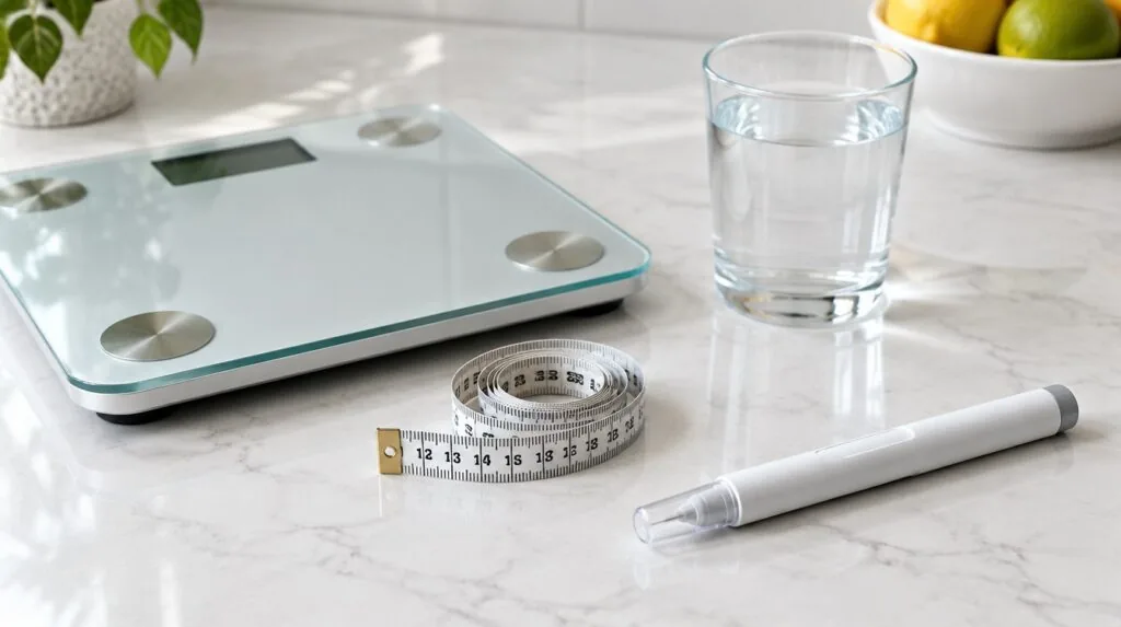 Bathroom scale, coiled measuring tape, glass of water, unmarked sealed injection pen on bright kitchen counter