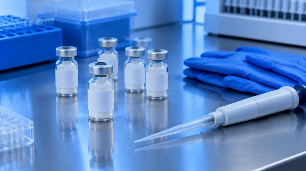 Lab bench, small vials of white lyophilized powder with blank labels, pipette, folded nitrile gloves, soft blue light