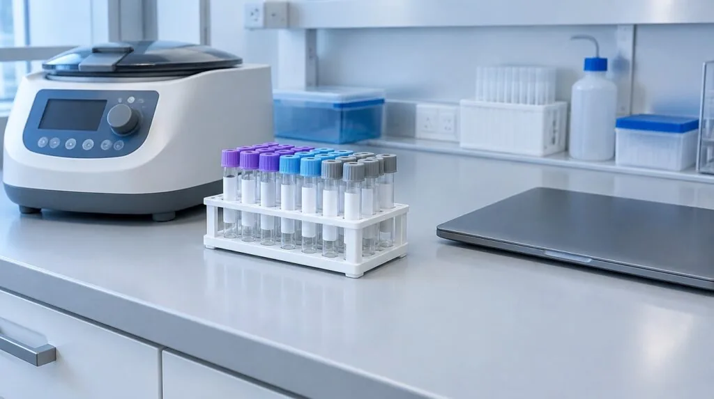 Clinic lab counter, centrifuge, rack of empty blood tubes with blank labels, closed laptop, cool light