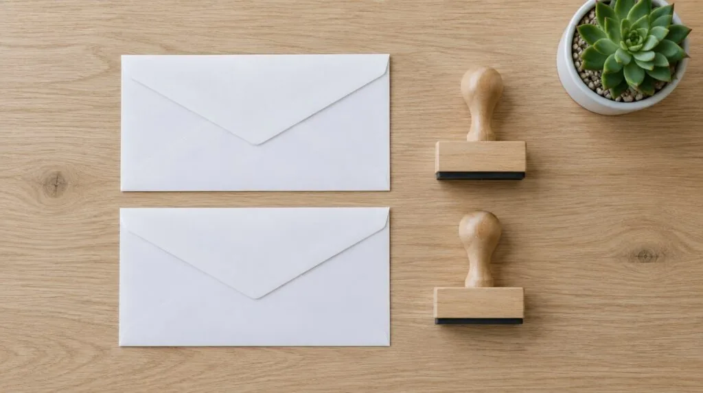 Two sealed blank envelopes and two blank rubber stamps side by side on light oak desk, small succulent, overhead dayligh