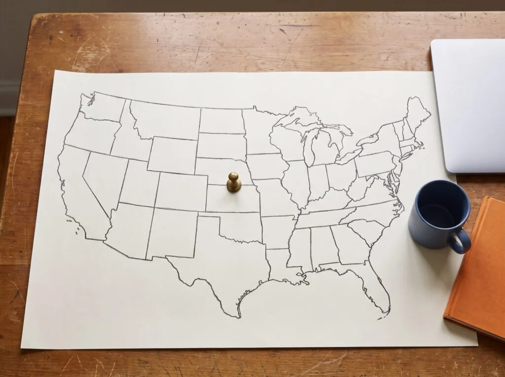 Blank outline map of the United States on a desk with a single pushpin, beside a closed laptop