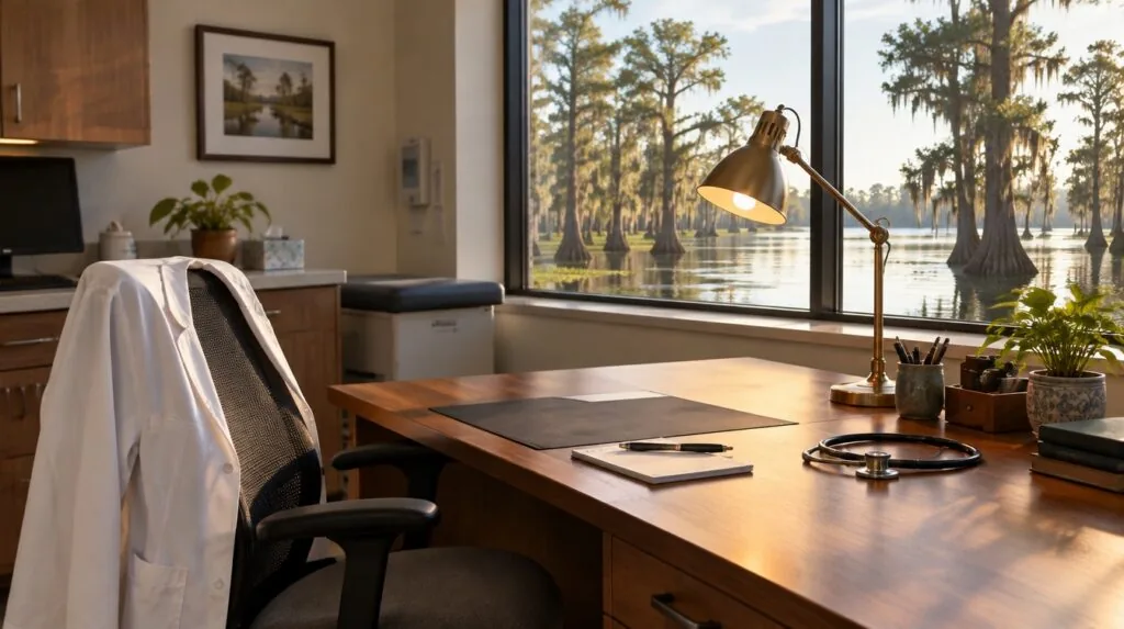 A prescriber desk with a lamp on and a coat on the chair