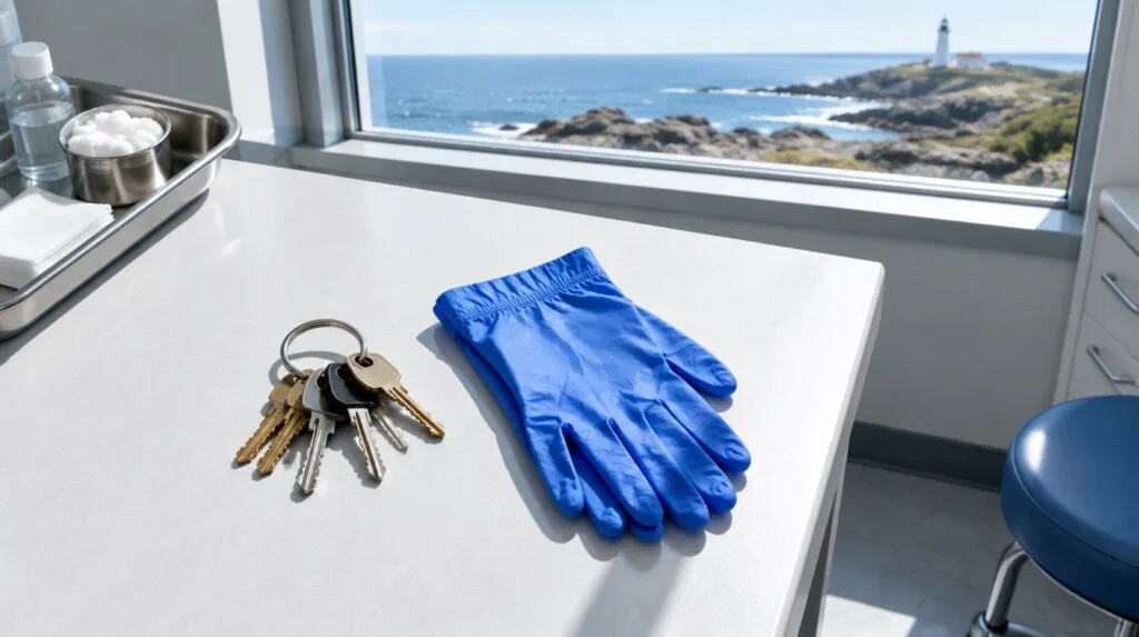 A ring of keys beside a pair of folded nitrile gloves