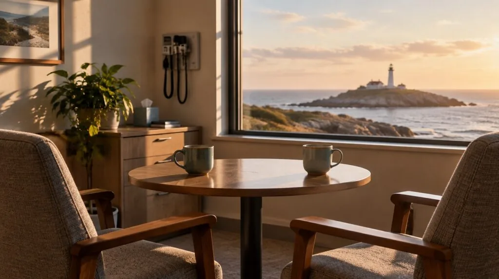 Two coffee mugs facing each other across a small consultation table