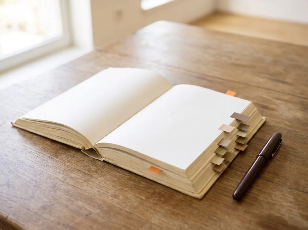 An open bound agreement with blank pages and a row of colored tab markers on a wooden table beside a pen