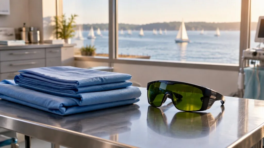 Folded surgical drapes and a pair of laser goggles on a steel table