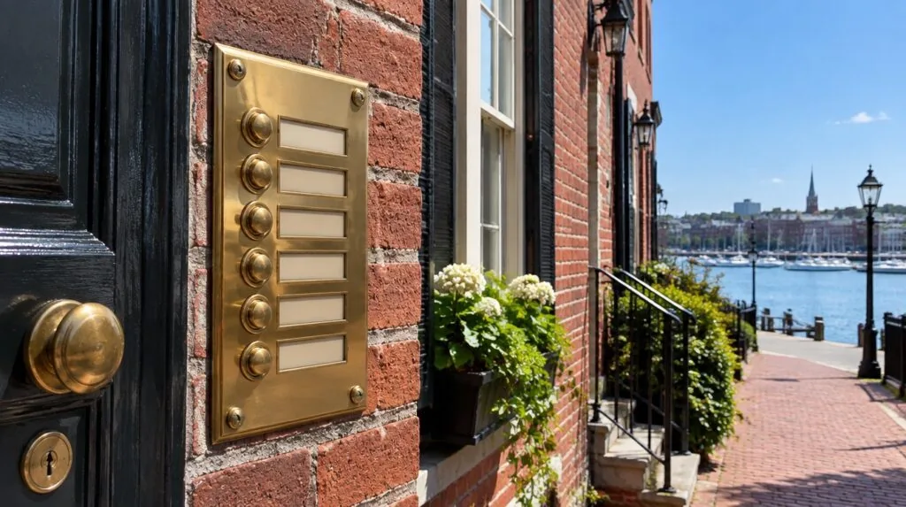 A brass doorbell panel with blank name slots