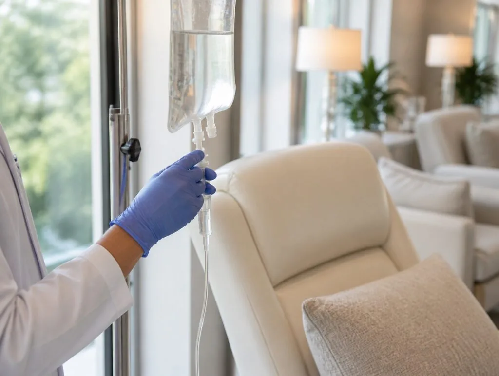 Gloved hand adjusting an IV line beside a reclining chair in a wellness lounge