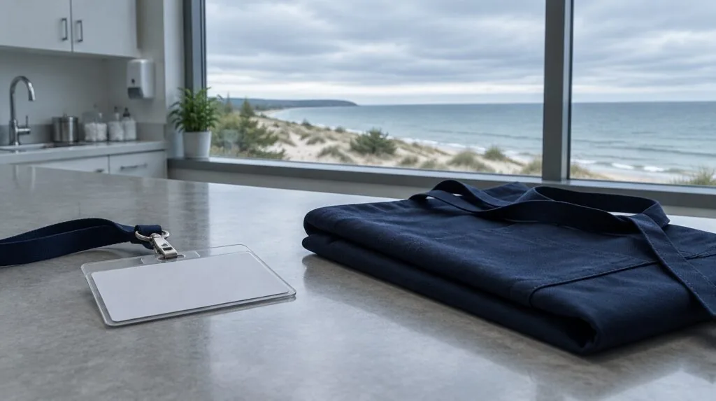 A blank name badge and a folded apron on a counter