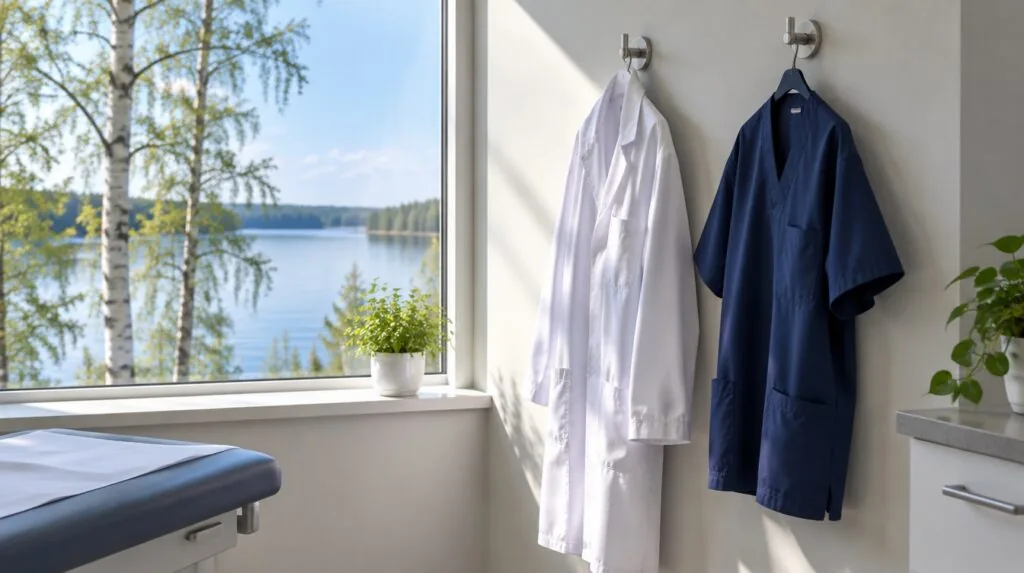 A white coat and a navy scrub top hanging on adjacent hooks