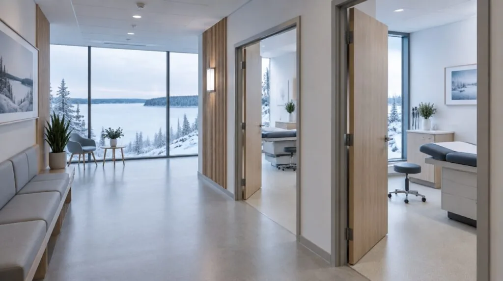 Clinic exam room with a regional view through the window