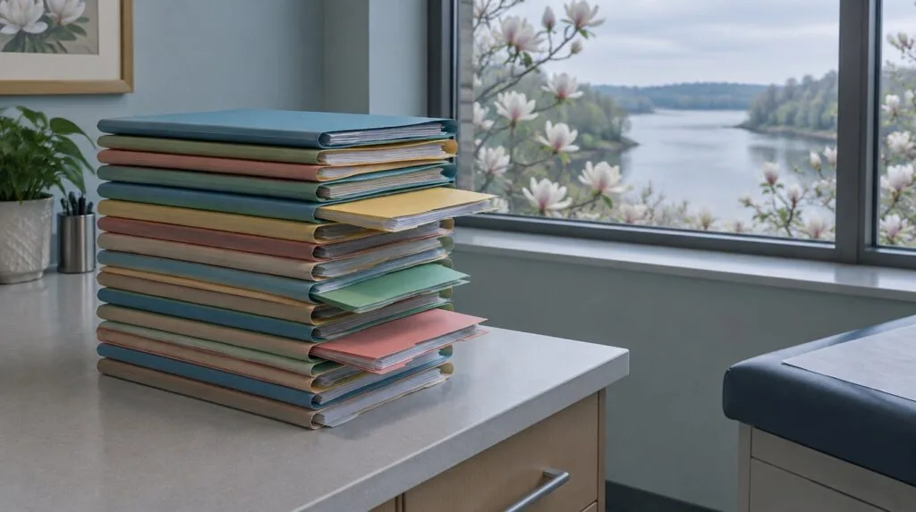 A stack of twenty chart folders with a few pulled halfway out