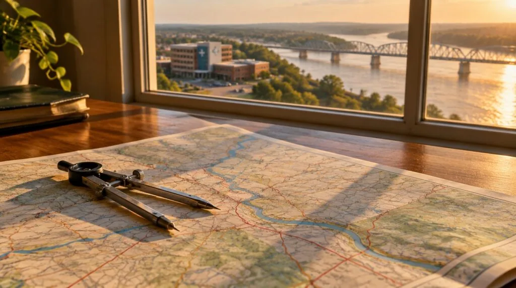 A paper road map with a drawing compass set on it