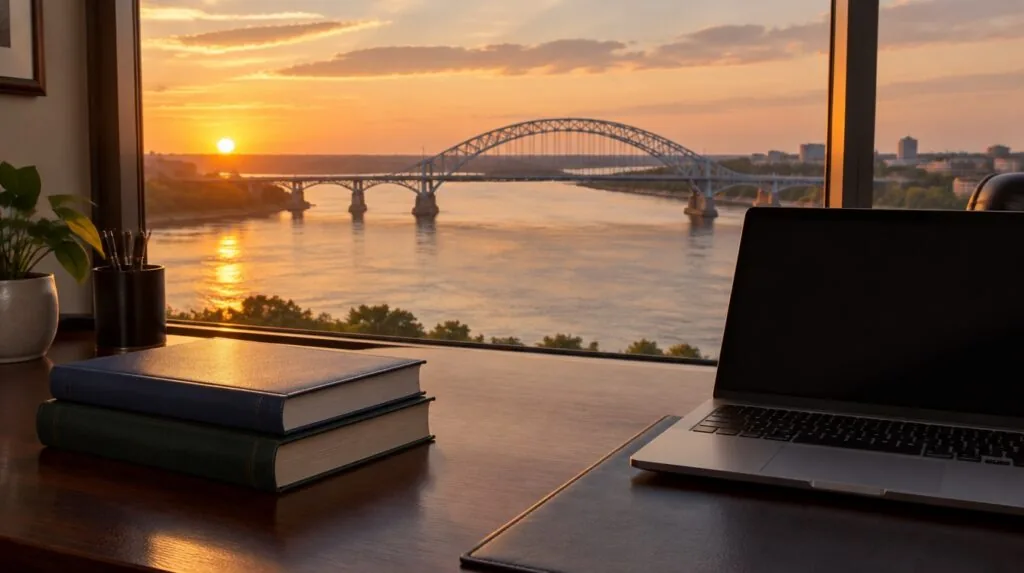 Physician desk, two closed hardbound books, laptop dark screen, wide river and steel arch bridge through window, golden