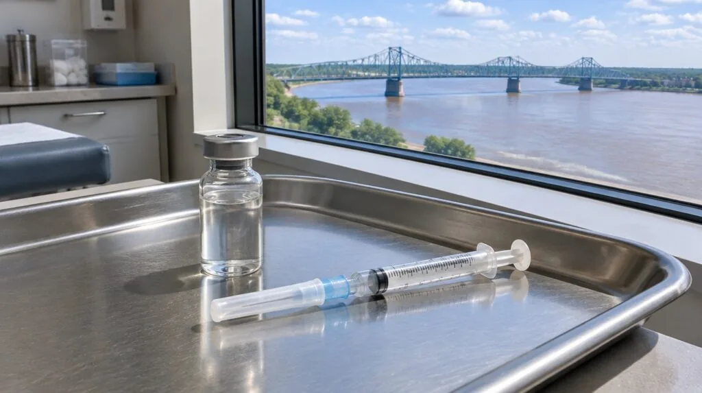 A capped syringe and an unlabeled vial on a steel tray