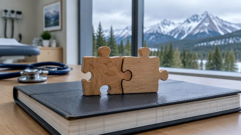 Two interlocking wooden puzzle pieces on a ledger book