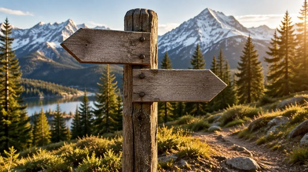 A forked wooden trail signpost with two blank arrows