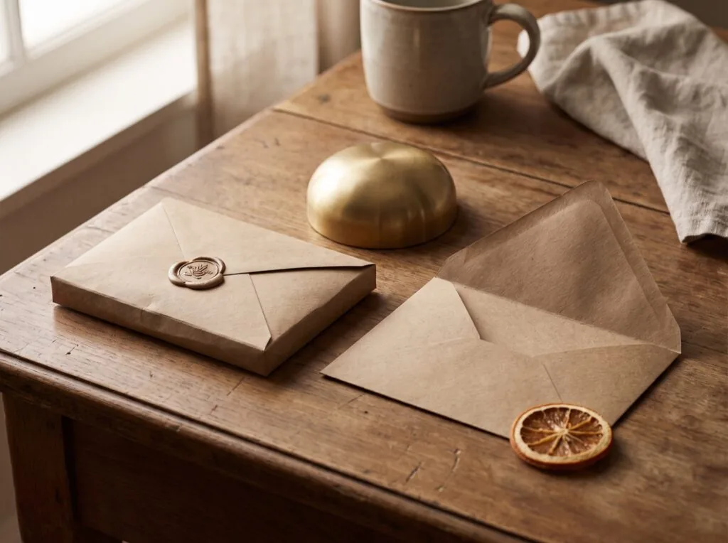 A thick sealed kraft envelope and an open empty envelope side by side on a wooden desk