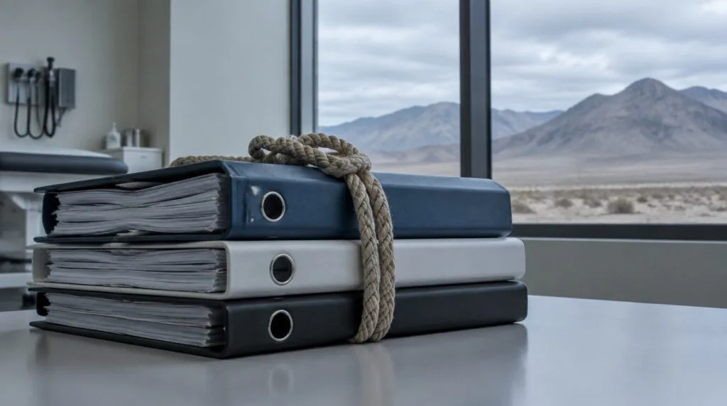 A tightly knotted rope on a stack of corporate binders