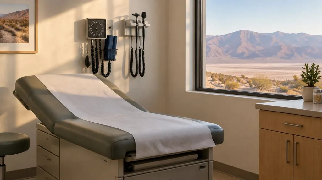 An exam table with fresh paper and a blood pressure cuff on the wall