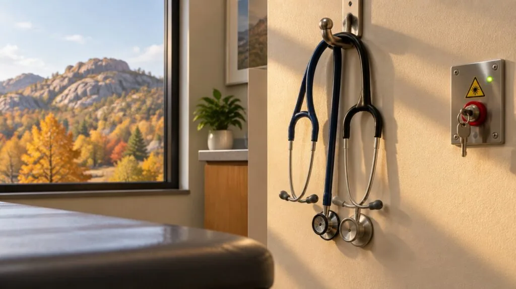 Two stethoscopes hung on a single hook beside a laser key switch