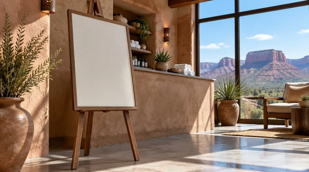 A blank menu board on an easel in a spa reception