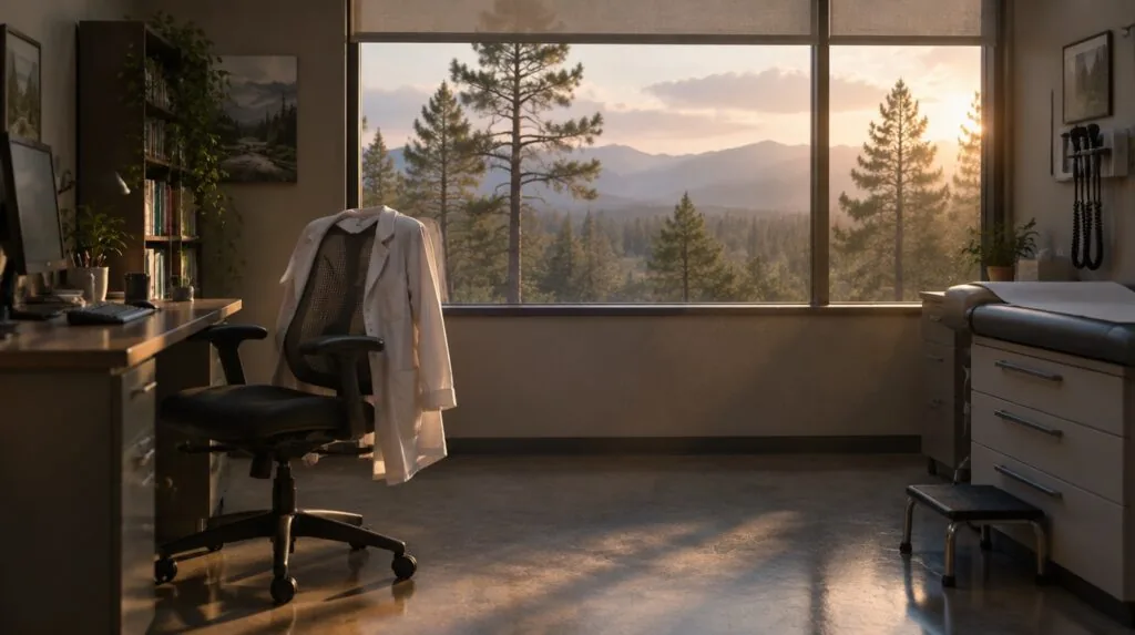 An empty office chair with a white coat over its back, dust in the light