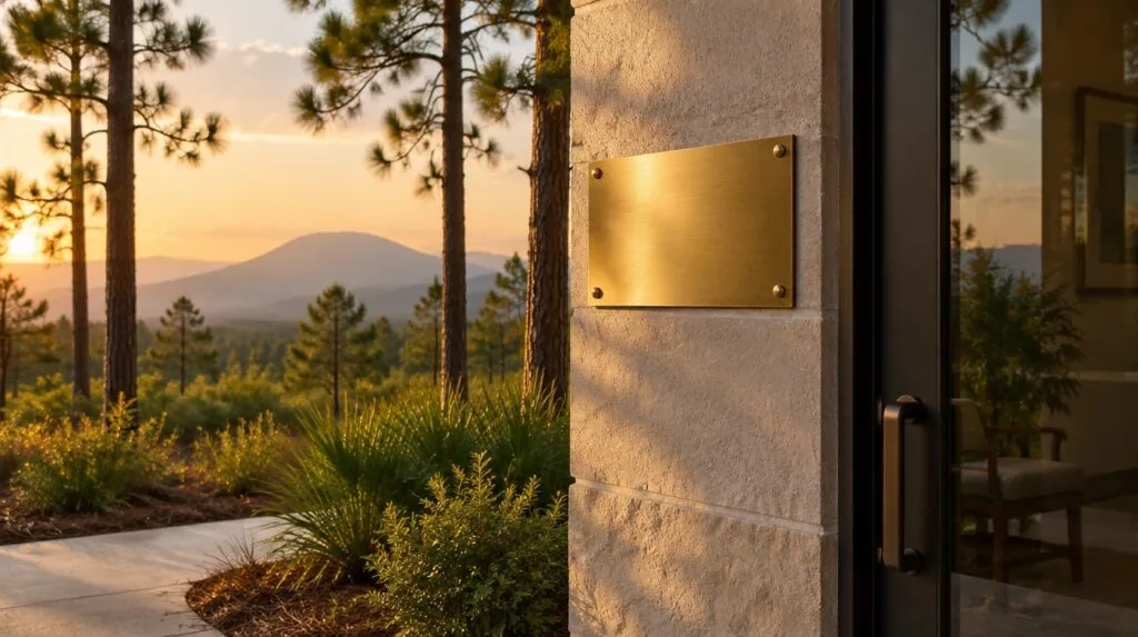 A brass door plaque, blank, beside a clinic door