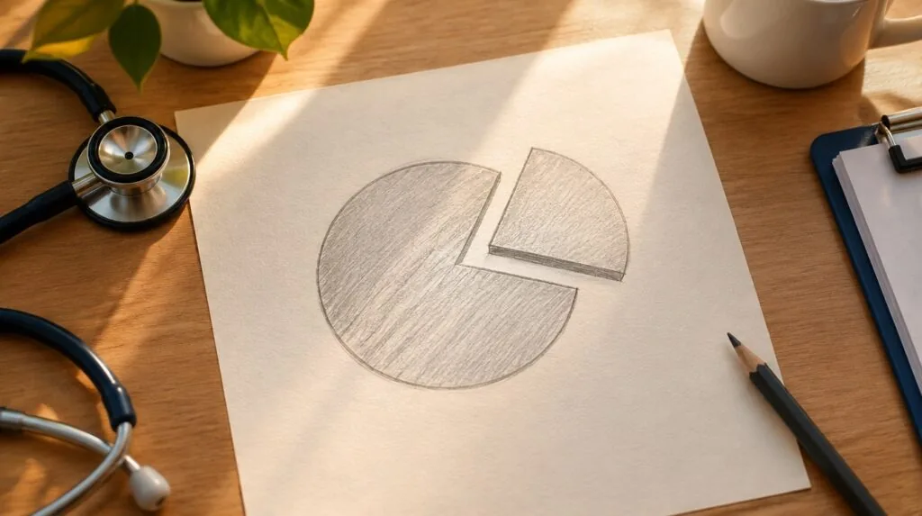 A pie chart drawn in pencil with one slice cut out of paper