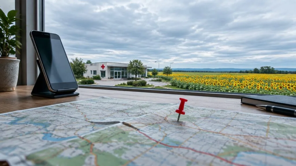 A paper map with a single red pushpin and a phone on a stand