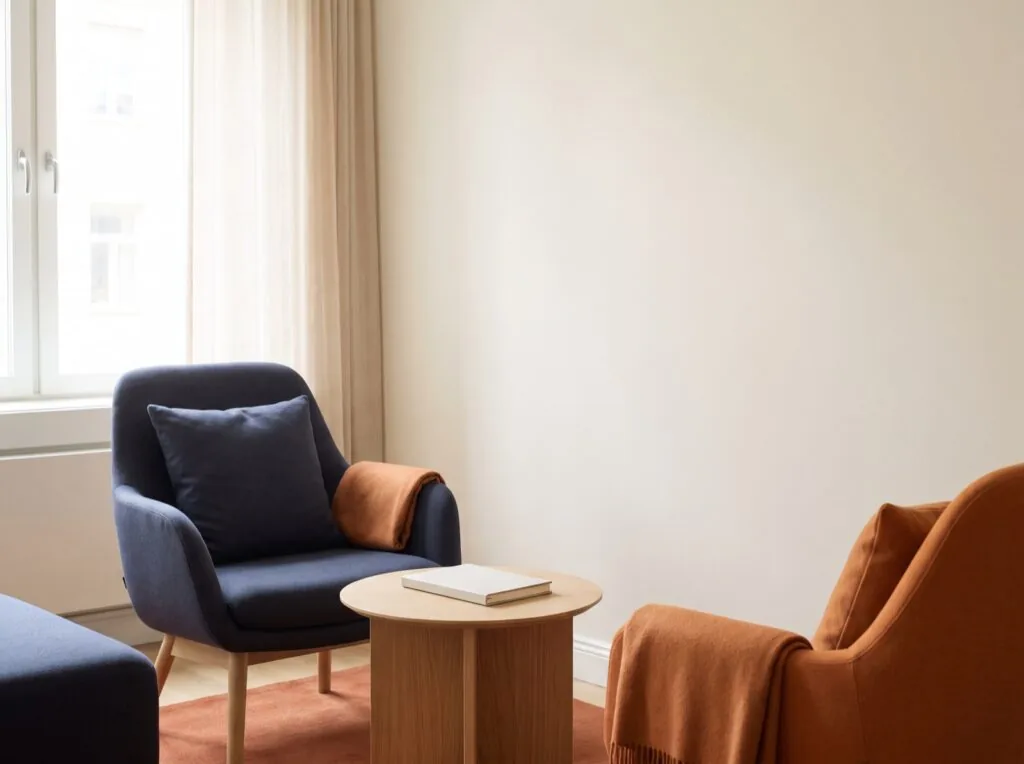 Two empty clinic chairs facing each other across a small table in a quiet consultation room