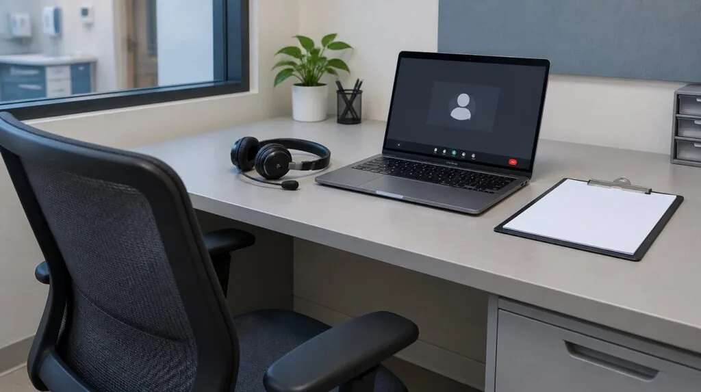 NP workstation past an empty chair, headset beside laptop with empty video window, clipboard with blank paper