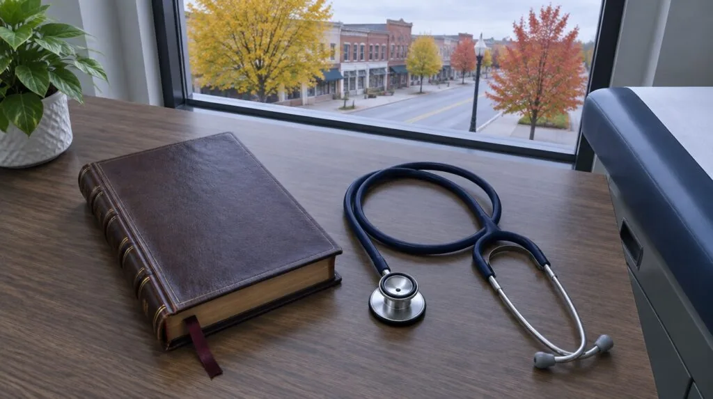A closed leather law book with a ribbon marker beside a stethoscope