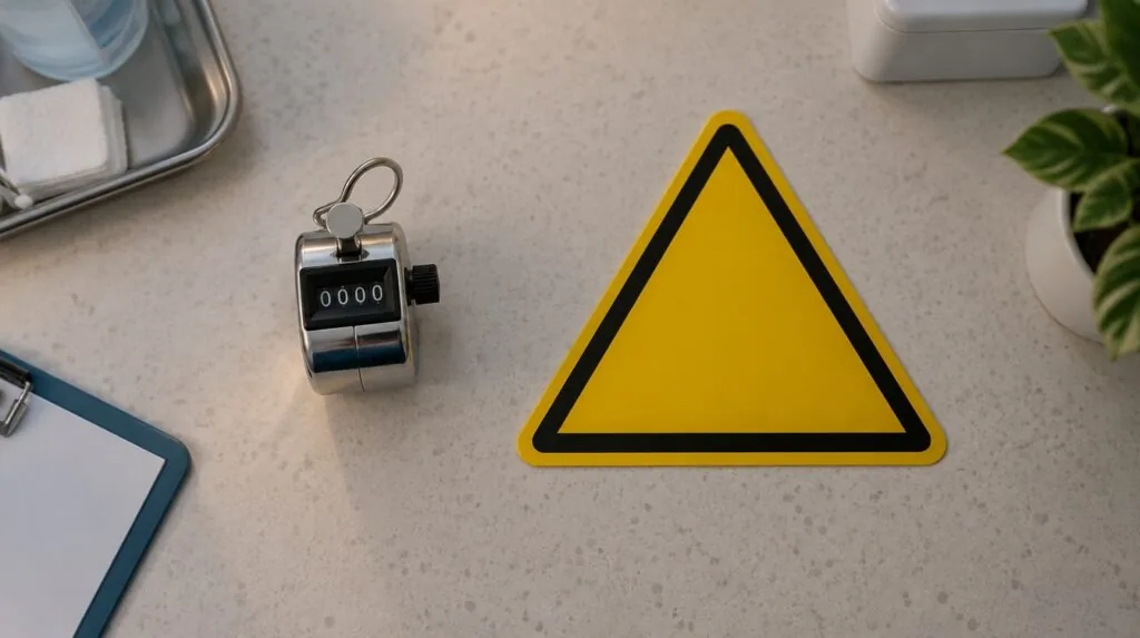 A hand tally counter beside a laser safety sign with no words