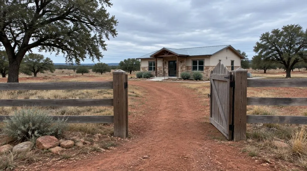 An open gate in a wooden fence leading to a small clinic building