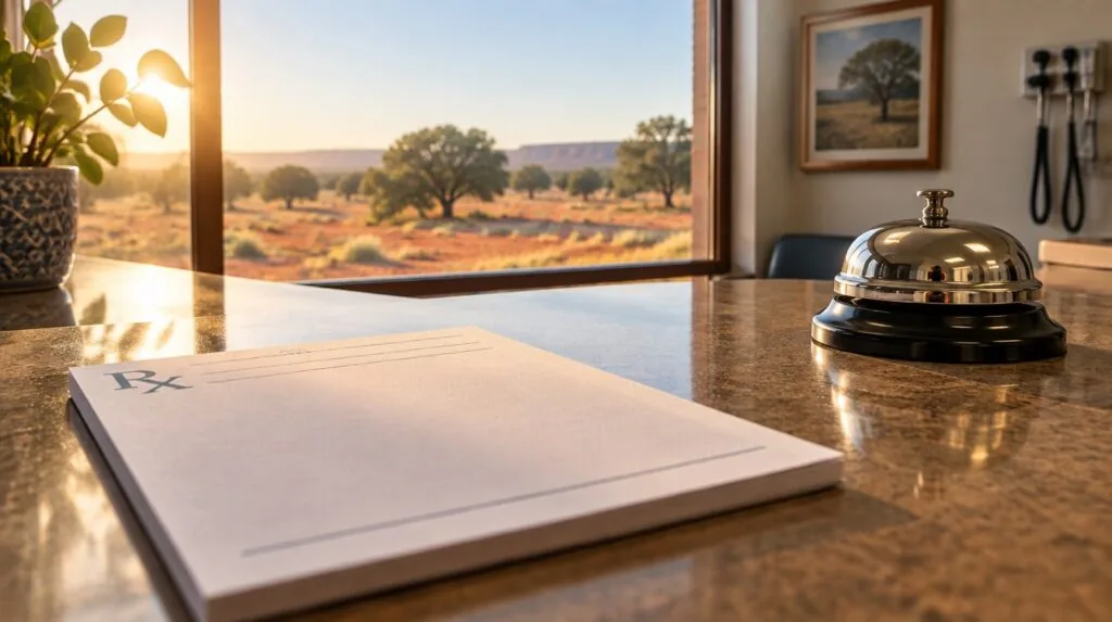 A prescription pad and a desk bell on a front counter