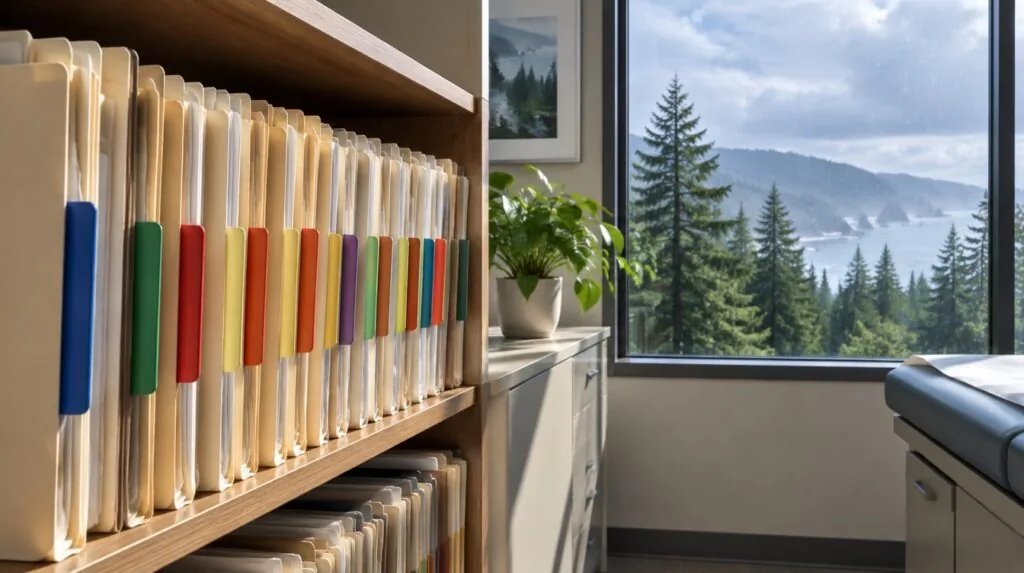 A row of patient chart folders on a shelf with colored end tabs